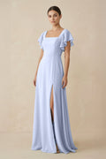 Chiffon A - Line Long Bridesmaid Dress with Flutter Sleeves in Ice - SHE IS ME Bridesmaid Dresses