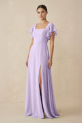 Chiffon A - Line Long Bridesmaid Dress with Flutter Sleeves in Lavender - SHE IS ME Bridesmaid Dresses