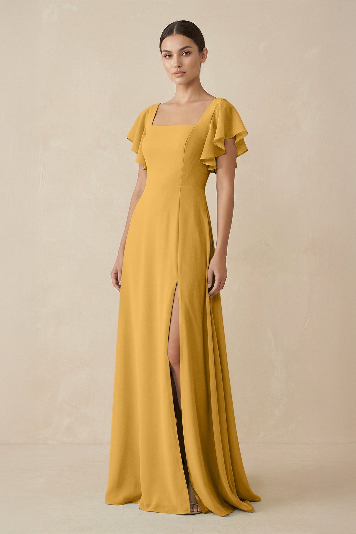 Chiffon A - Line Long Bridesmaid Dress with Flutter Sleeves in Marigold - SHE IS ME Bridesmaid Dresses