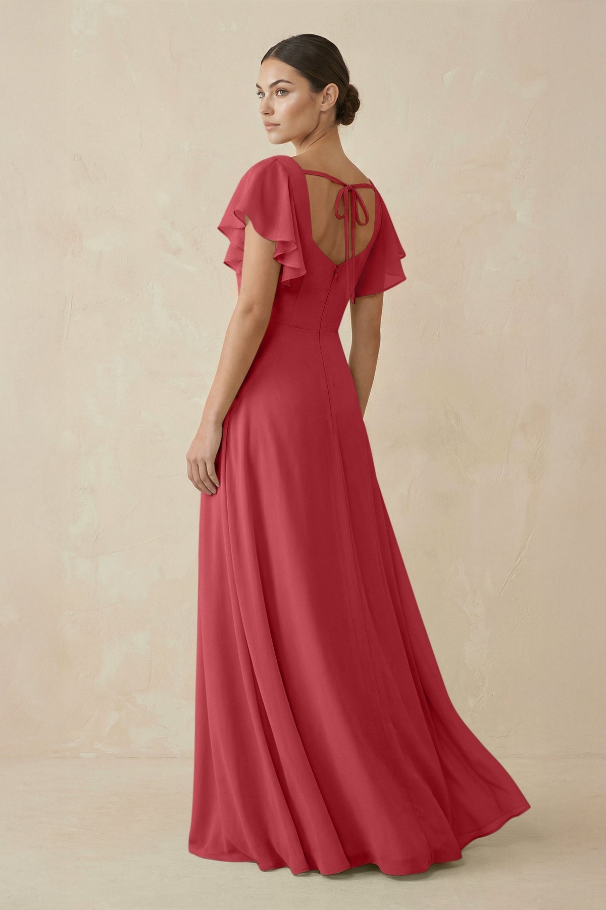 Chiffon A - Line Long Bridesmaid Dress with Flutter Sleeves in Merlot - SHE IS ME Bridesmaid Dresses