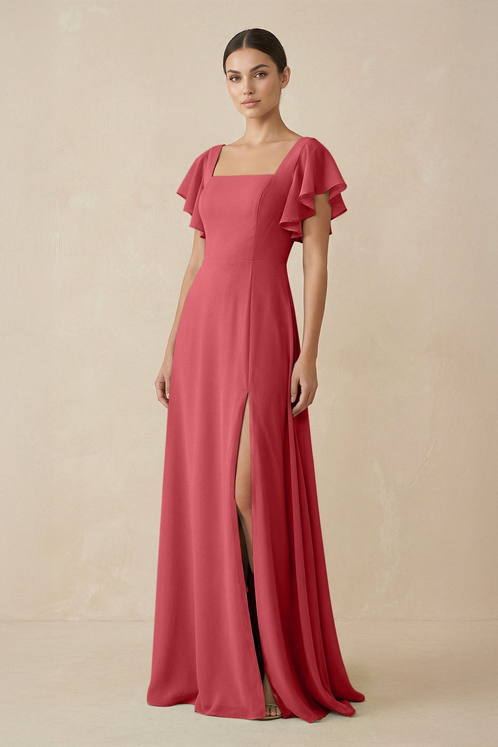 Chiffon A - Line Long Bridesmaid Dress with Flutter Sleeves in Merlot - SHE IS ME Bridesmaid Dresses