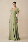 Chiffon A - Line Long Bridesmaid Dress with Flutter Sleeves in Moss Green - SHE IS ME Bridesmaid Dresses