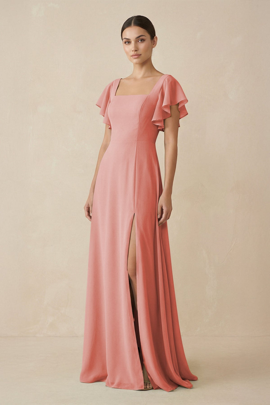 Chiffon A - Line Long Bridesmaid Dress with Flutter Sleeves in Mulberry - SHE IS ME Bridesmaid Dresses