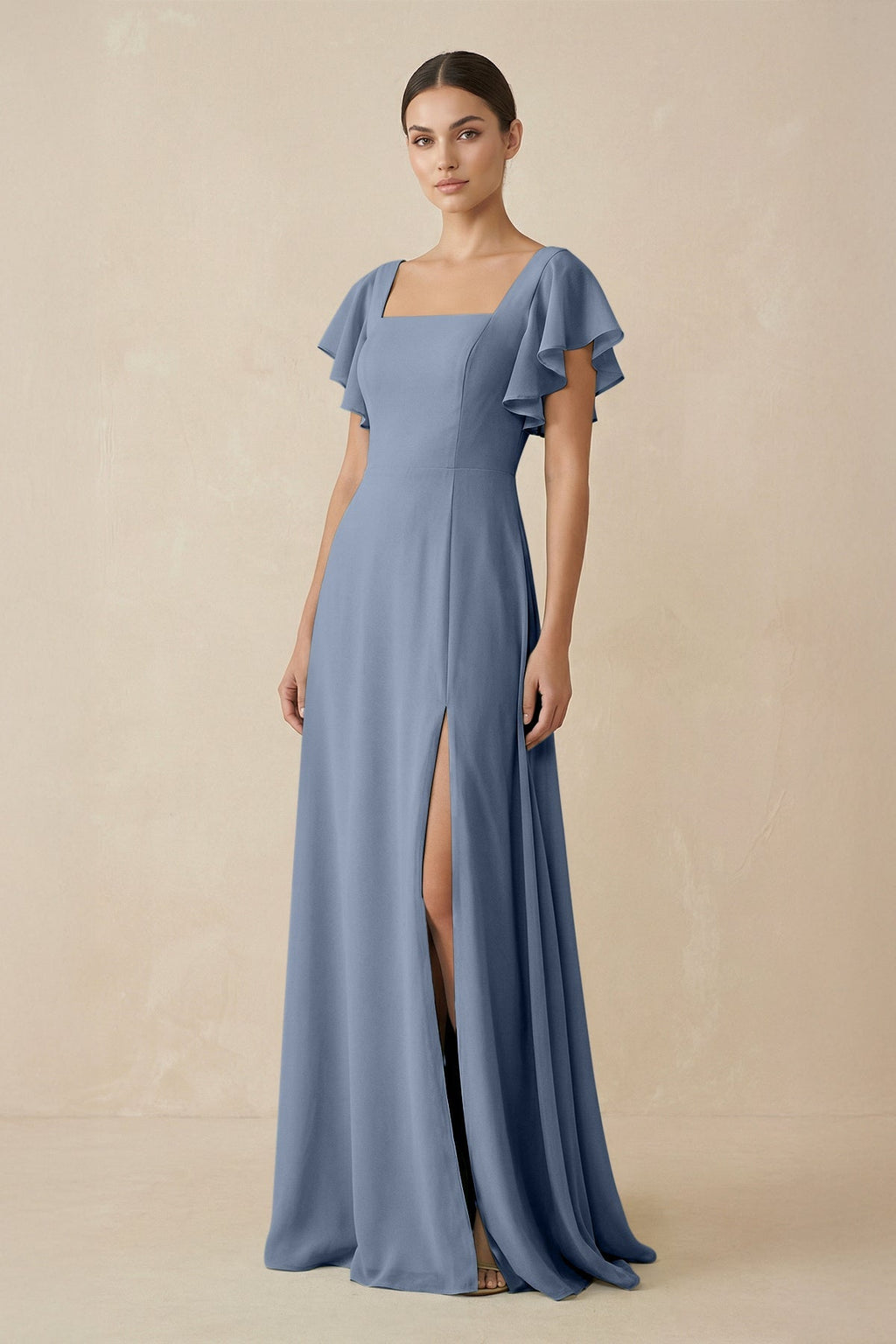 Chiffon A - Line Long Bridesmaid Dress with Flutter Sleeves in Neptune - SHE IS ME Bridesmaid Dresses