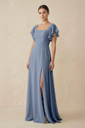 Chiffon A - Line Long Bridesmaid Dress with Flutter Sleeves in Neptune - SHE IS ME Bridesmaid Dresses
