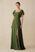 Chiffon A - Line Long Bridesmaid Dress with Flutter Sleeves in Olive - SHE IS ME Bridesmaid Dresses