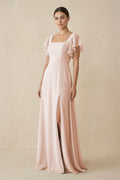 Chiffon A - Line Long Bridesmaid Dress with Flutter Sleeves in Pale Blush - SHE IS ME Bridesmaid Dresses