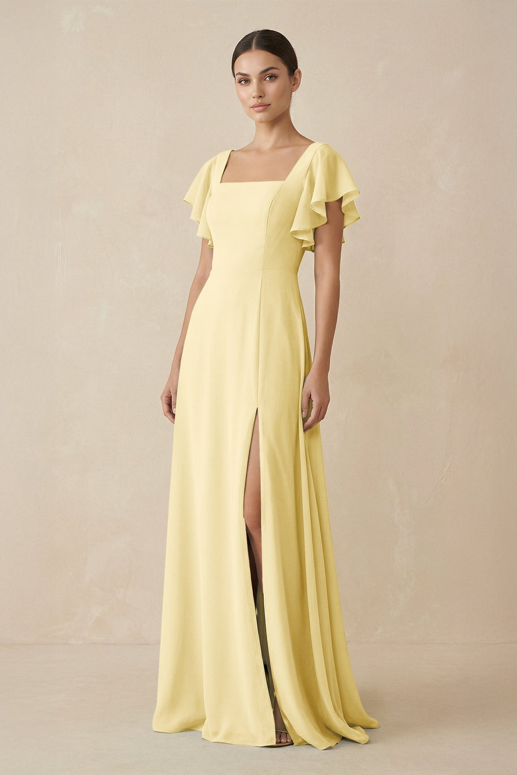 Chiffon A - Line Long Bridesmaid Dress with Flutter Sleeves in Pastel Yellow - SHE IS ME Bridesmaid Dresses