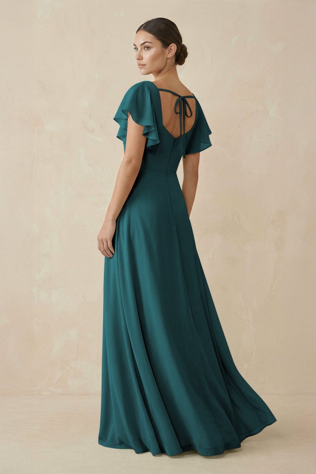 Chiffon A - Line Long Bridesmaid Dress with Flutter Sleeves in Pine - SHE IS ME Bridesmaid Dresses