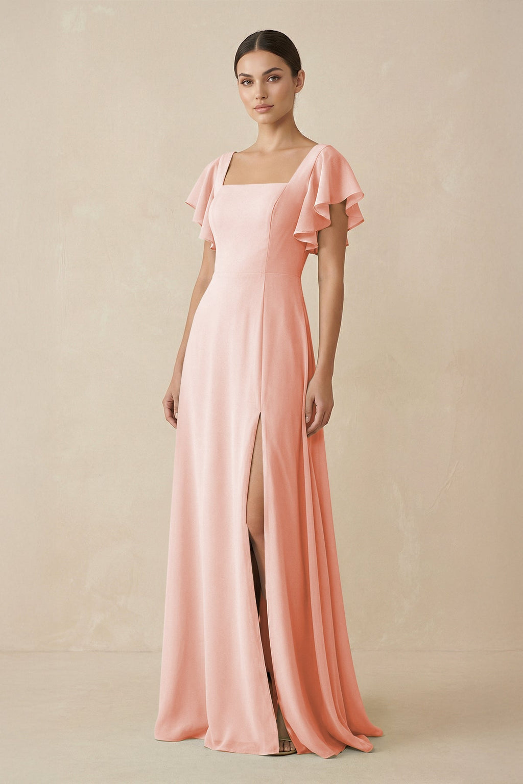 Chiffon A - Line Long Bridesmaid Dress with Flutter Sleeves in Rose Petal - SHE IS ME Bridesmaid Dresses
