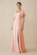 Chiffon A - Line Long Bridesmaid Dress with Flutter Sleeves in Rose Petal - SHE IS ME Bridesmaid Dresses
