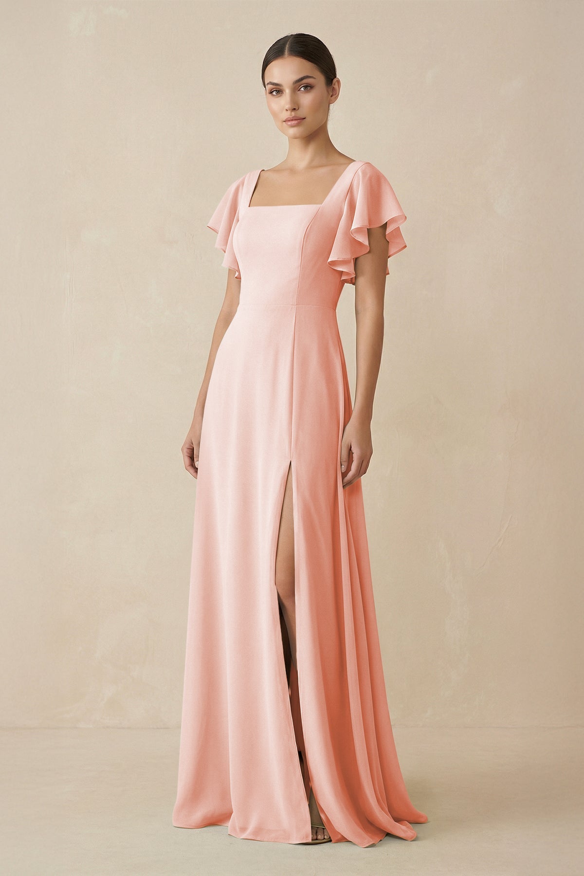 Chiffon A - Line Long Bridesmaid Dress with Flutter Sleeves in Rose Petal - SHE IS ME Bridesmaid Dresses