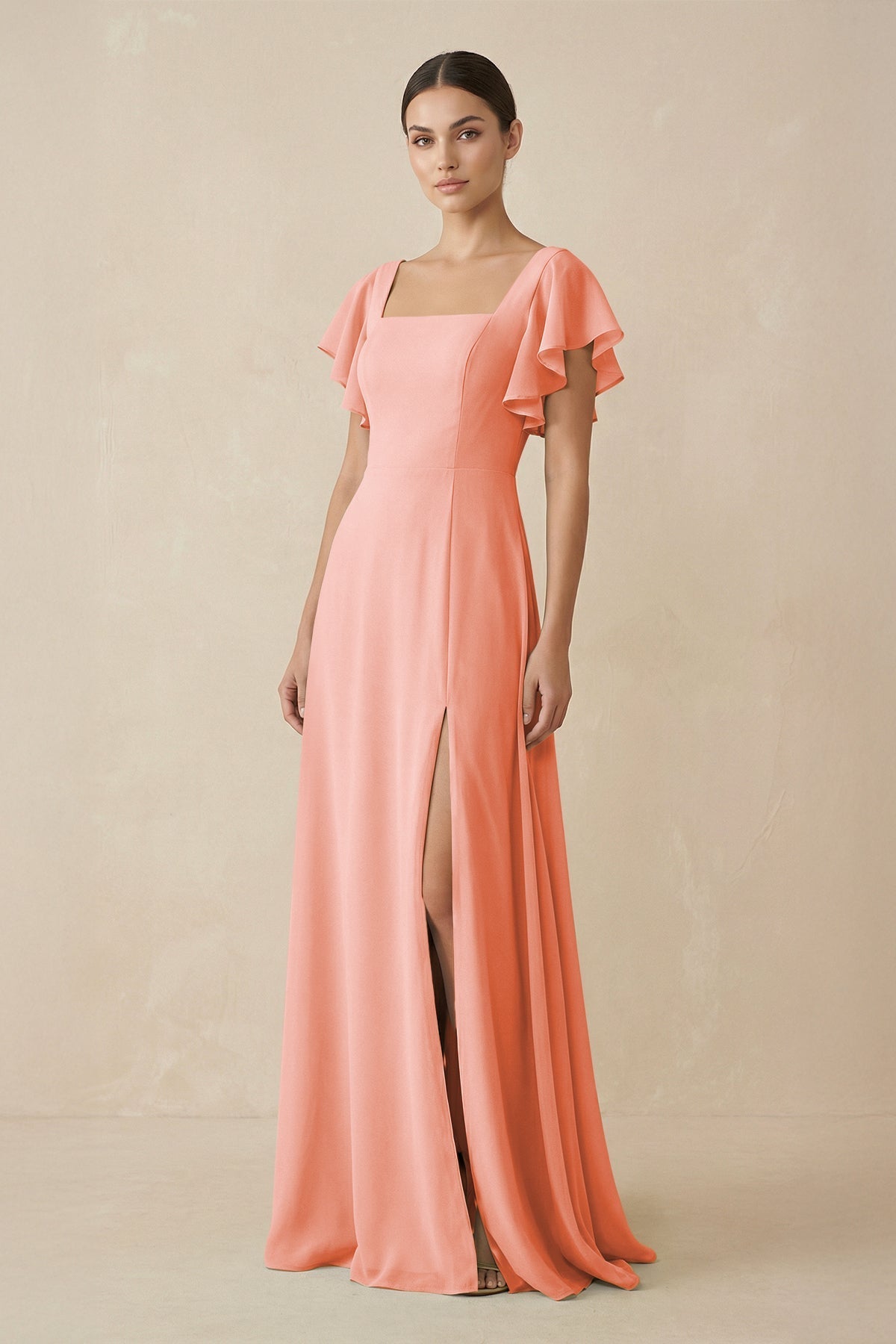 Chiffon A - Line Long Bridesmaid Dress with Flutter Sleeves in Rosette - SHE IS ME Bridesmaid Dresses