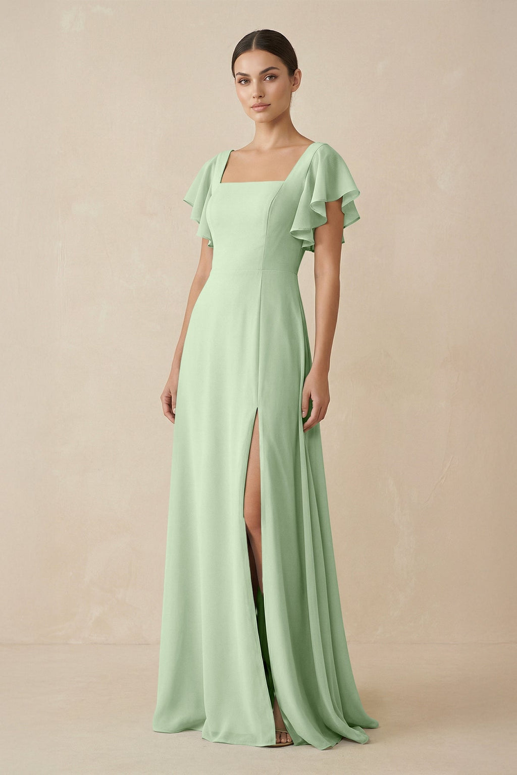 Chiffon A - Line Long Bridesmaid Dress with Flutter Sleeves in Sage - SHE IS ME Bridesmaid Dresses