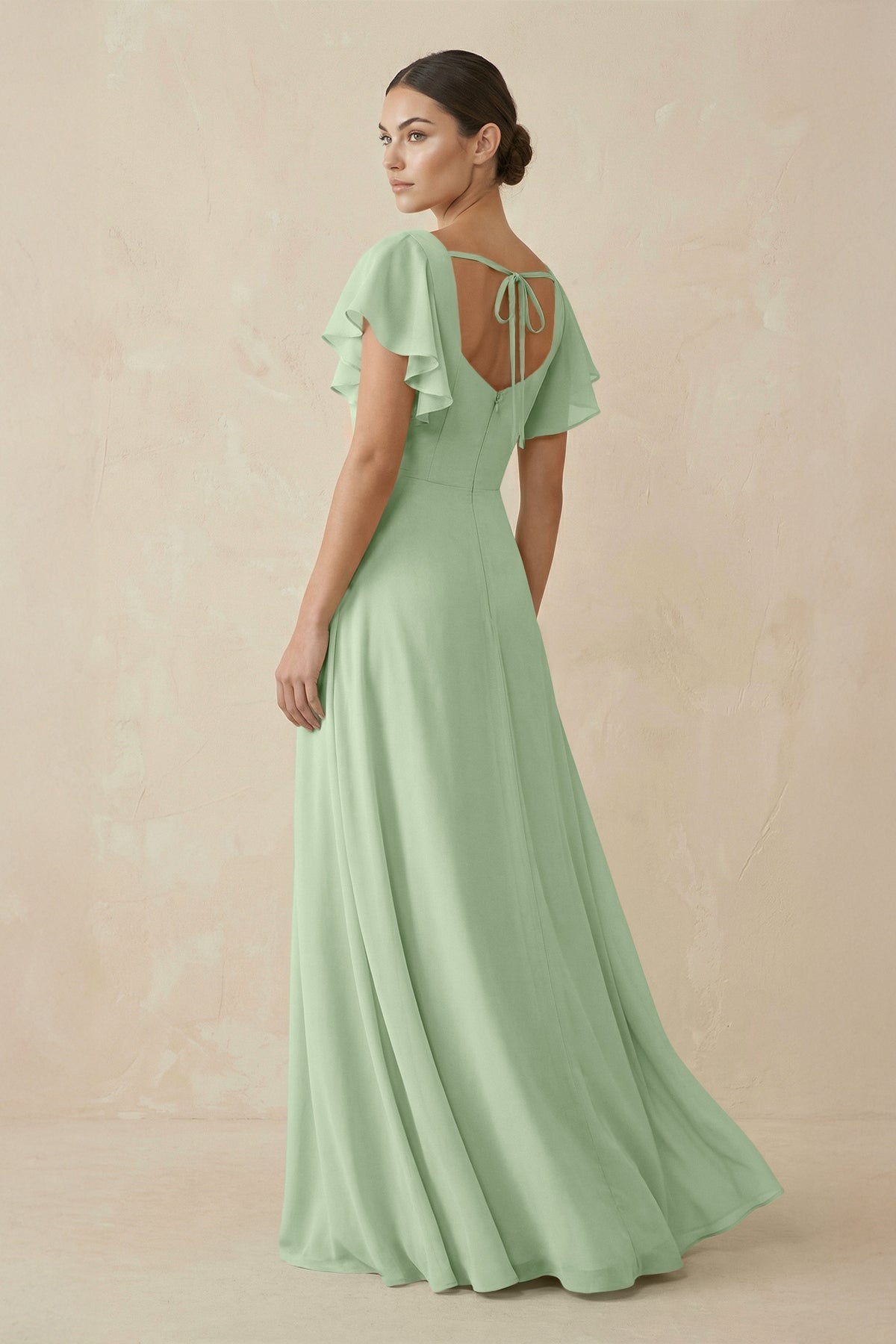 Chiffon A - Line Long Bridesmaid Dress with Flutter Sleeves in Sage - SHE IS ME Bridesmaid Dresses