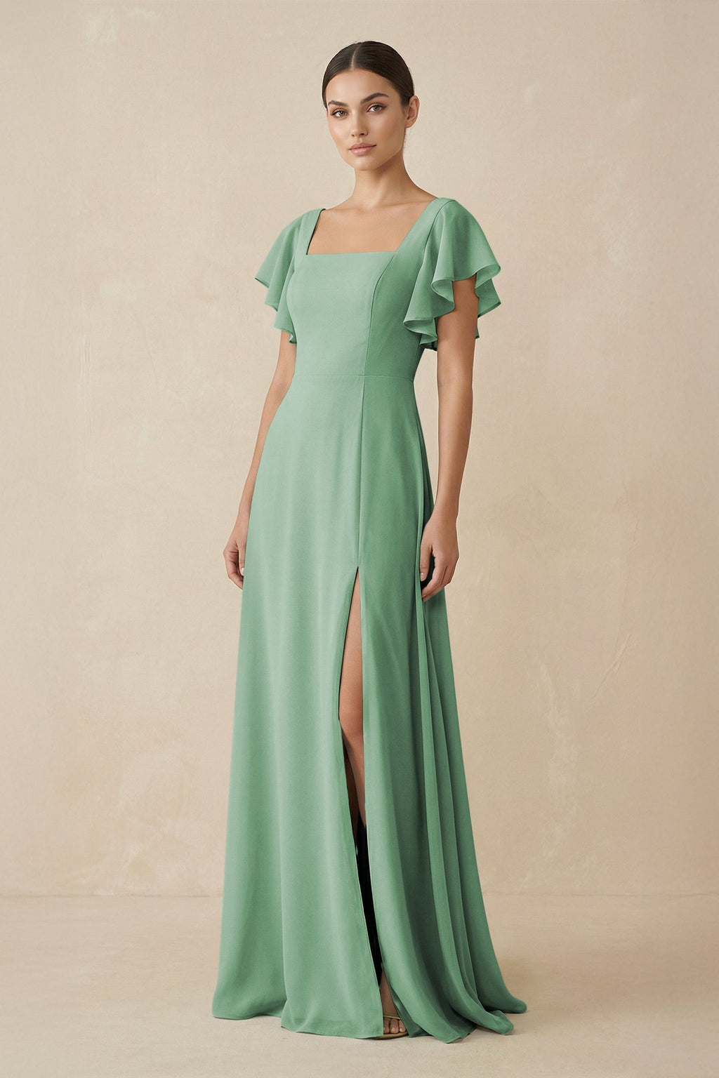 Chiffon A - Line Long Bridesmaid Dress with Flutter Sleeves in Sea Glass - SHE IS ME Bridesmaid Dresses