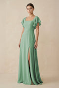 Chiffon A - Line Long Bridesmaid Dress with Flutter Sleeves in Sea Glass - SHE IS ME Bridesmaid Dresses