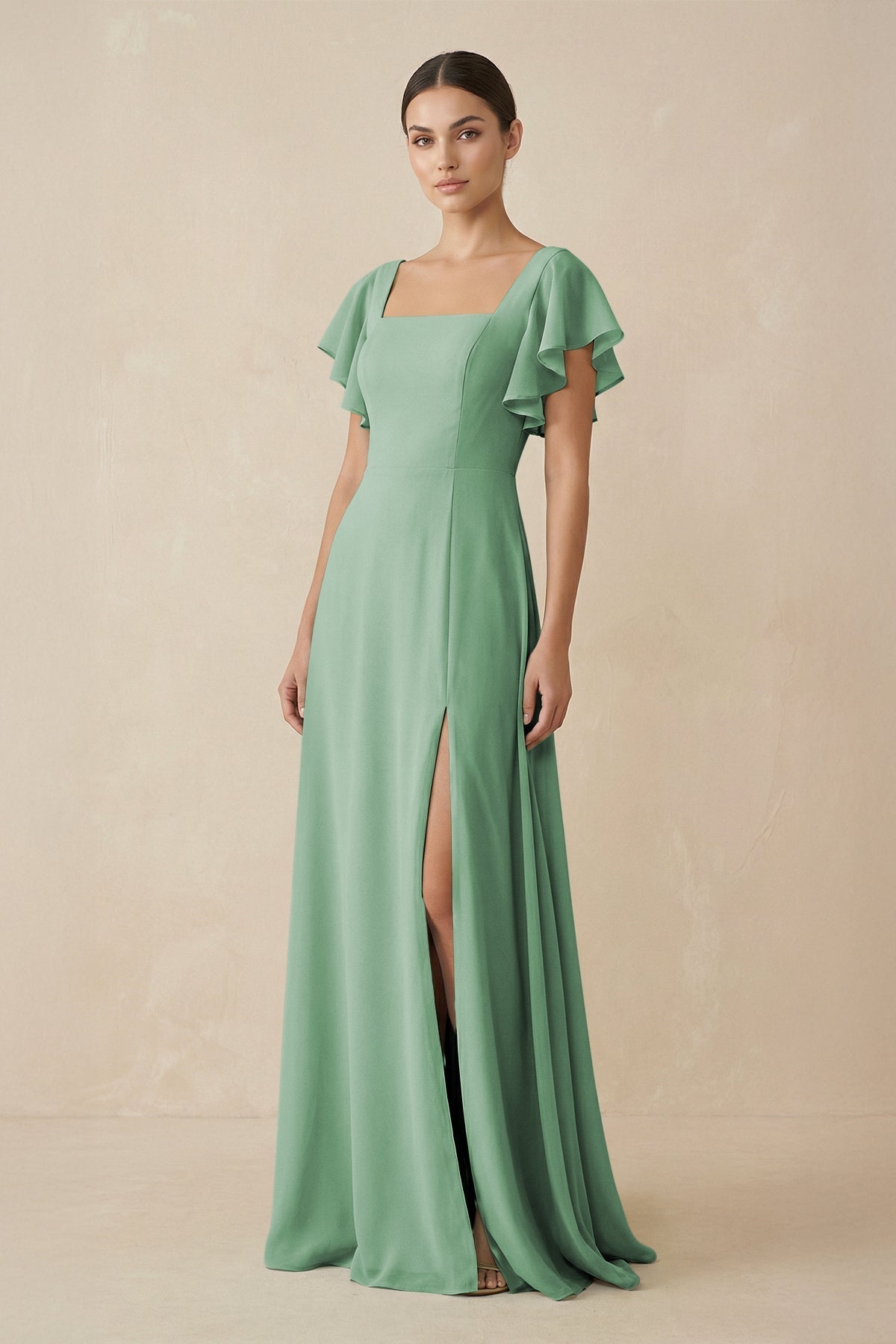 Chiffon A - Line Long Bridesmaid Dress with Flutter Sleeves in Sea Glass - SHE IS ME Bridesmaid Dresses