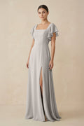 Chiffon A - Line Long Bridesmaid Dress with Flutter Sleeves in Silver - SHE IS ME Bridesmaid Dresses