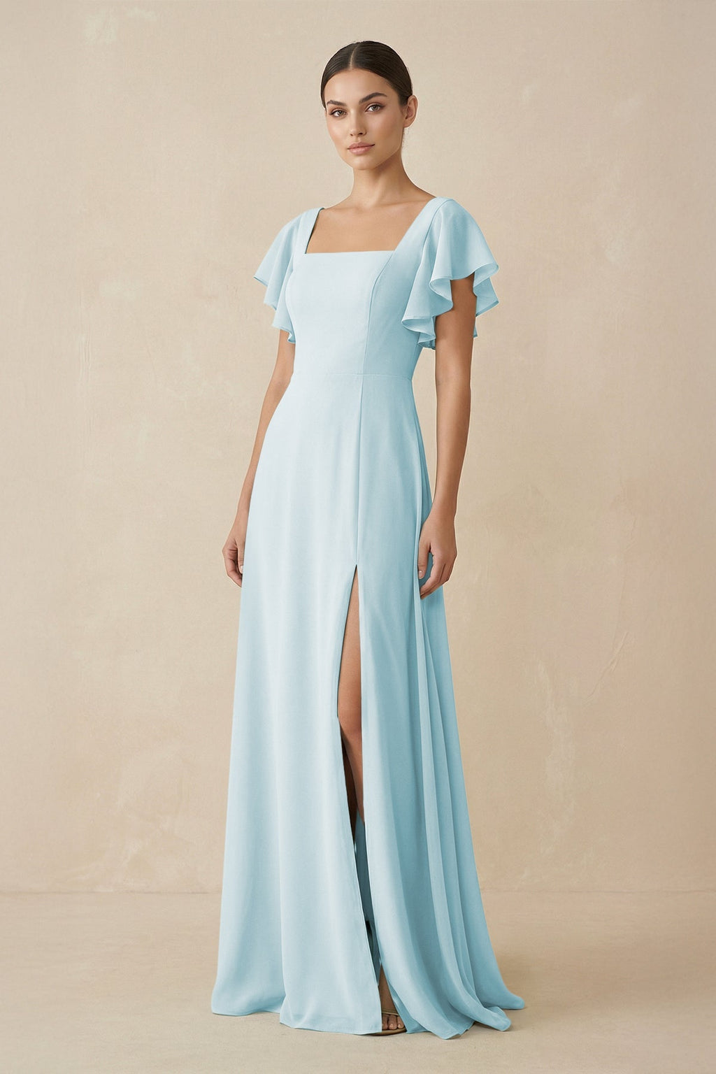 Chiffon A - Line Long Bridesmaid Dress with Flutter Sleeves in Sky Blue - SHE IS ME Bridesmaid Dresses