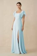Chiffon A - Line Long Bridesmaid Dress with Flutter Sleeves in Sky Blue - SHE IS ME Bridesmaid Dresses