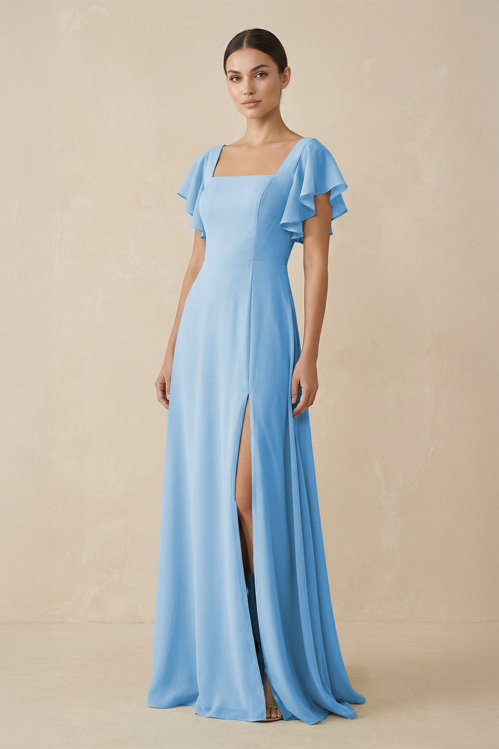 Chiffon A - Line Long Bridesmaid Dress with Flutter Sleeves in Steel Blue - SHE IS ME Bridesmaid Dresses