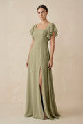 Chiffon A - Line Long Bridesmaid Dress with Flutter Sleeves in Thyme - SHE IS ME Bridesmaid Dresses