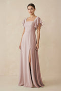 Chiffon A - Line Long Bridesmaid Dress with Flutter Sleeves in Toffee - SHE IS ME Bridesmaid Dresses