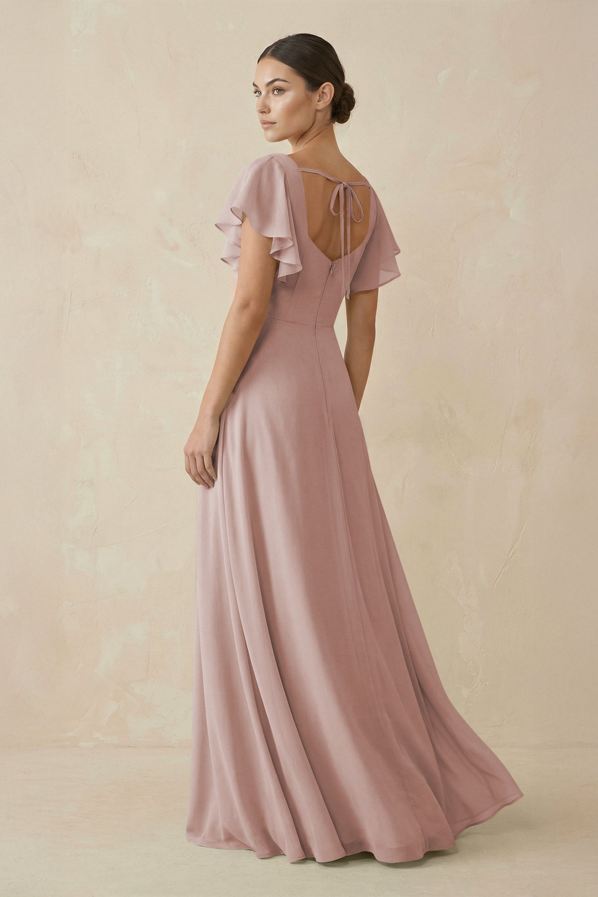 Chiffon A - Line Long Bridesmaid Dress with Flutter Sleeves in Toffee - SHE IS ME Bridesmaid Dresses
