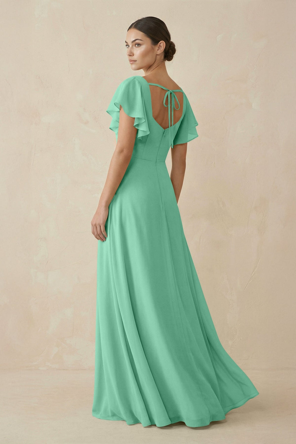 Chiffon A - Line Long Bridesmaid Dress with Flutter Sleeves in Turquoise - SHE IS ME Bridesmaid Dresses