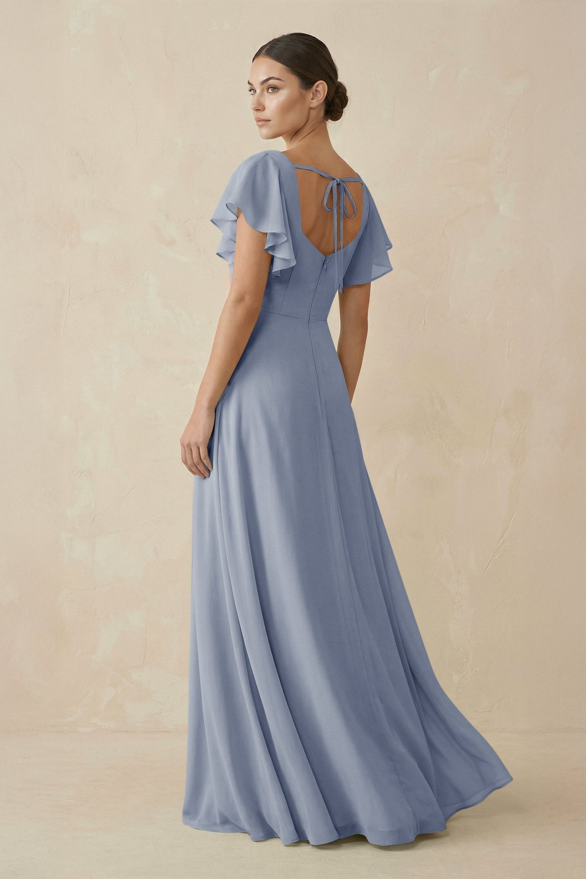 Chiffon A - Line Long Bridesmaid Dress with Flutter Sleeves in Twilight - SHE IS ME Bridesmaid Dresses