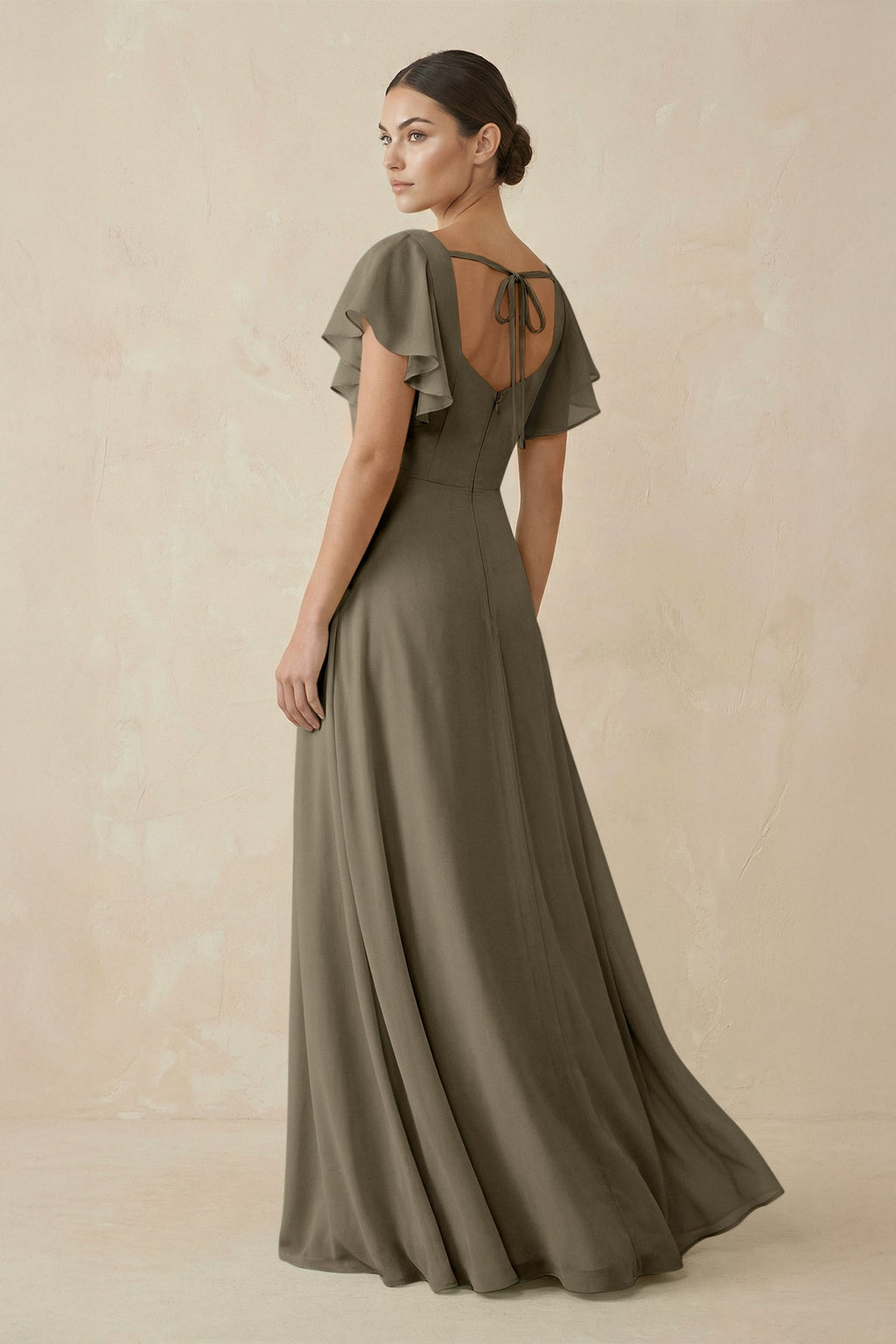 Chiffon A - Line Long Bridesmaid Dress with Flutter Sleeves in Willow Green - SHE IS ME Bridesmaid Dresses