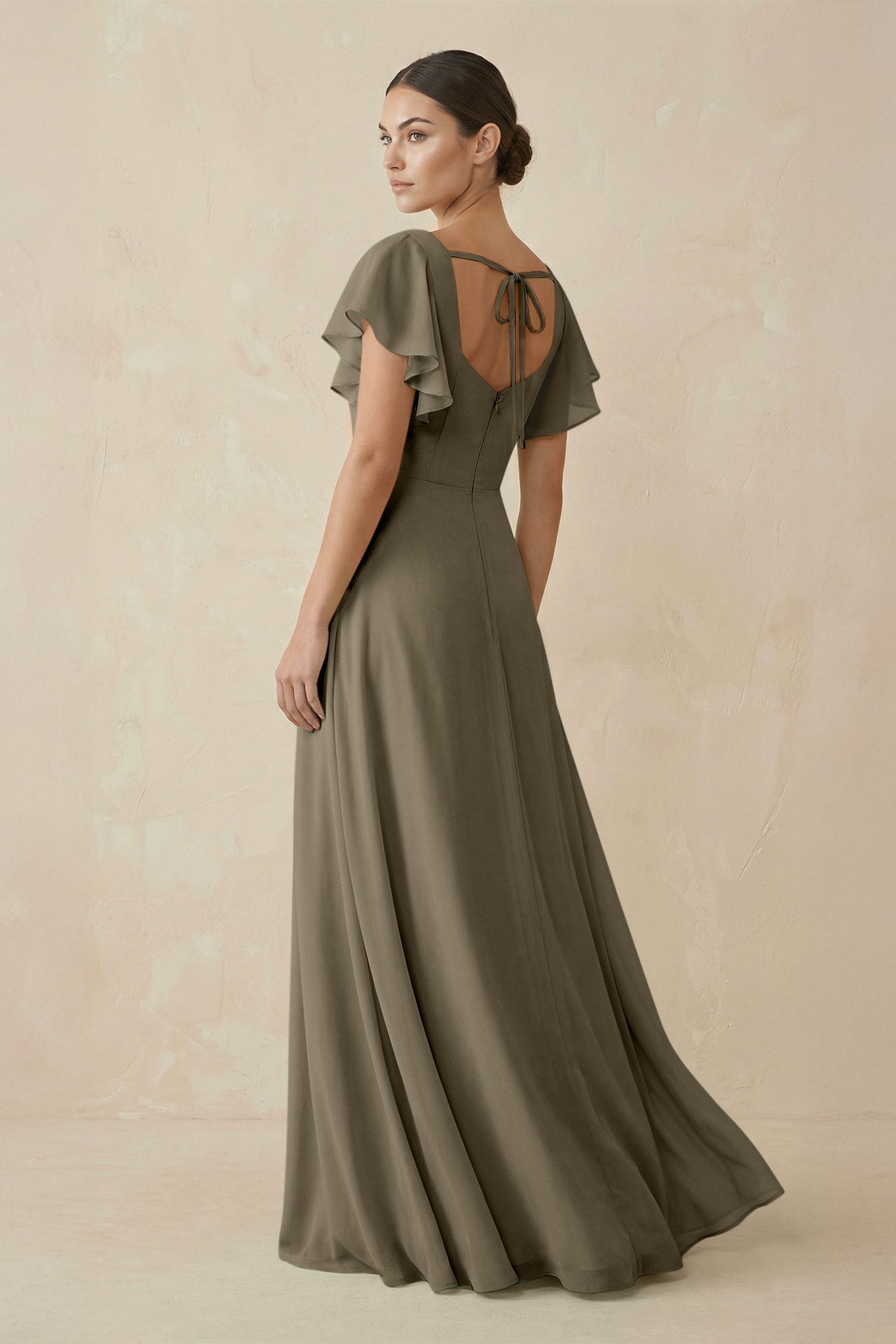 Chiffon A - Line Long Bridesmaid Dress with Flutter Sleeves in Willow Green - SHE IS ME Bridesmaid Dresses
