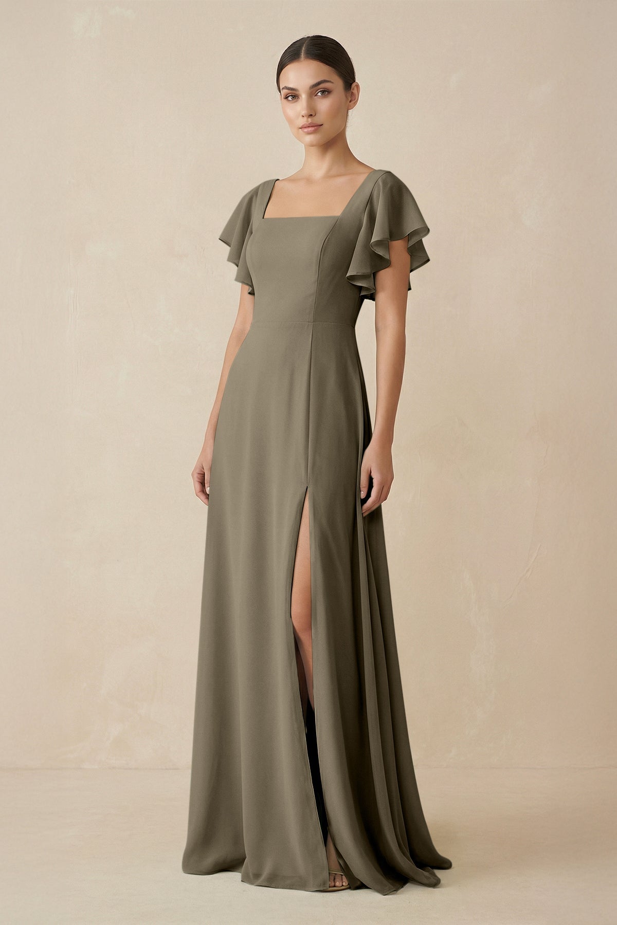 Chiffon A - Line Long Bridesmaid Dress with Flutter Sleeves in Willow Green - SHE IS ME Bridesmaid Dresses