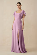 Chiffon A - Line Long Bridesmaid Dress with Flutter Sleeves in Wisteria - SHE IS ME Bridesmaid Dresses