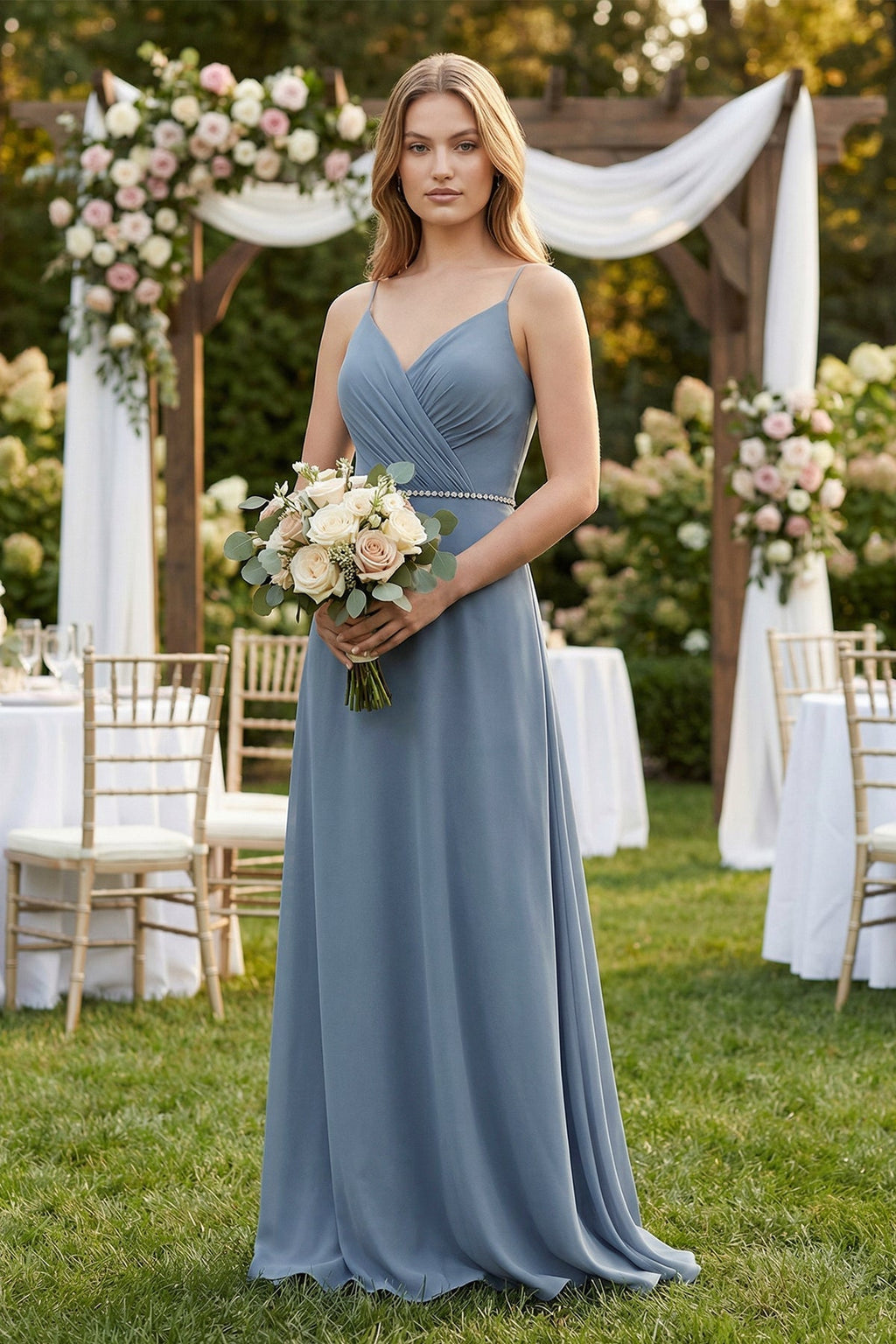 Chiffon A - Line Ruched Cami Strap Bridesmaid Dress in Neptune - SHE IS ME Bridesmaid Dresses
