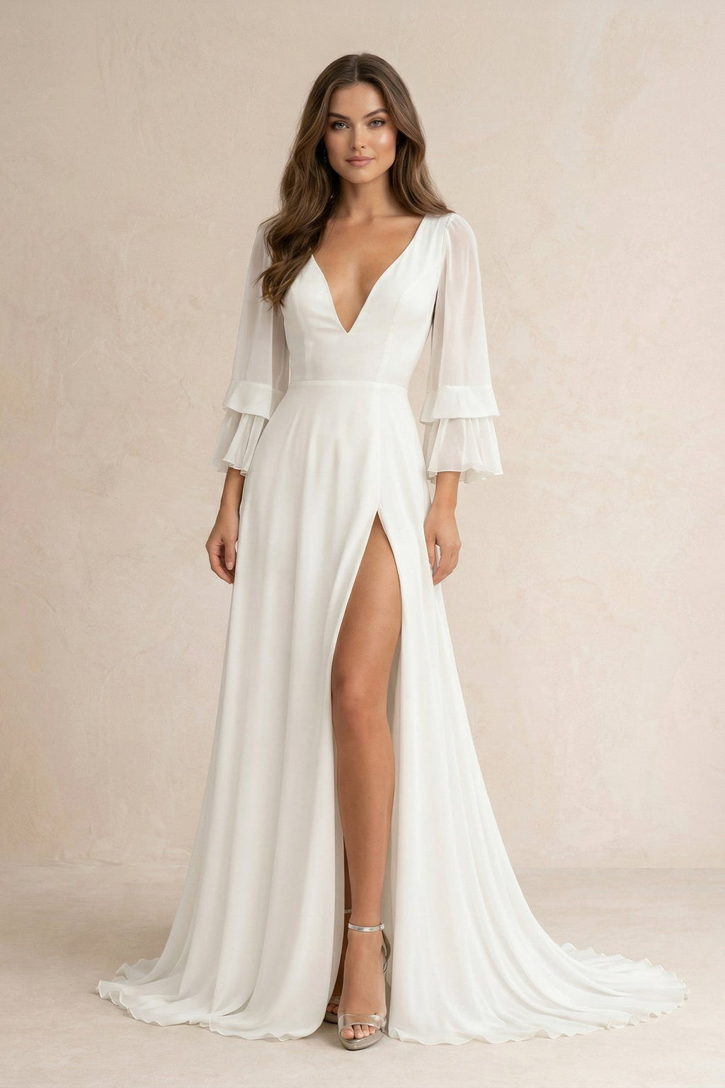 Chiffon V - Neck A - Line Long Sleeves Wedding Dress in White - SHE IS ME Wedding Dresses
