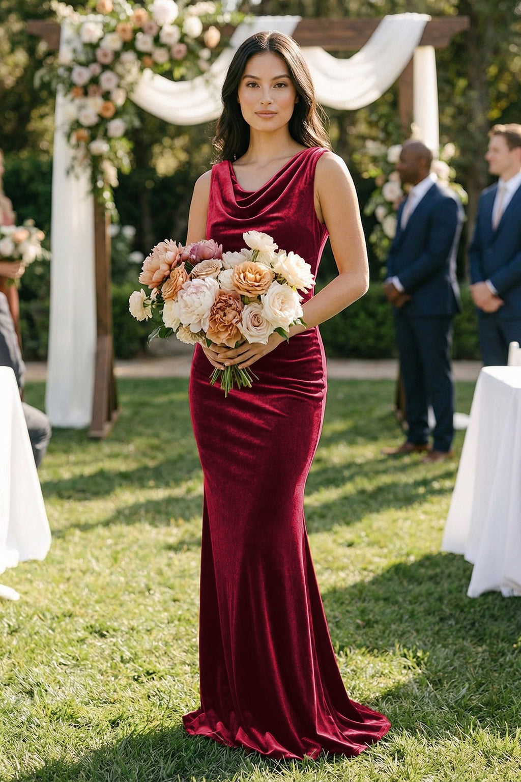 Cowl Neck Mermaid Velvet Bridesmaid Dress in Rosewood - SHE IS ME Bridesmaid Dresses