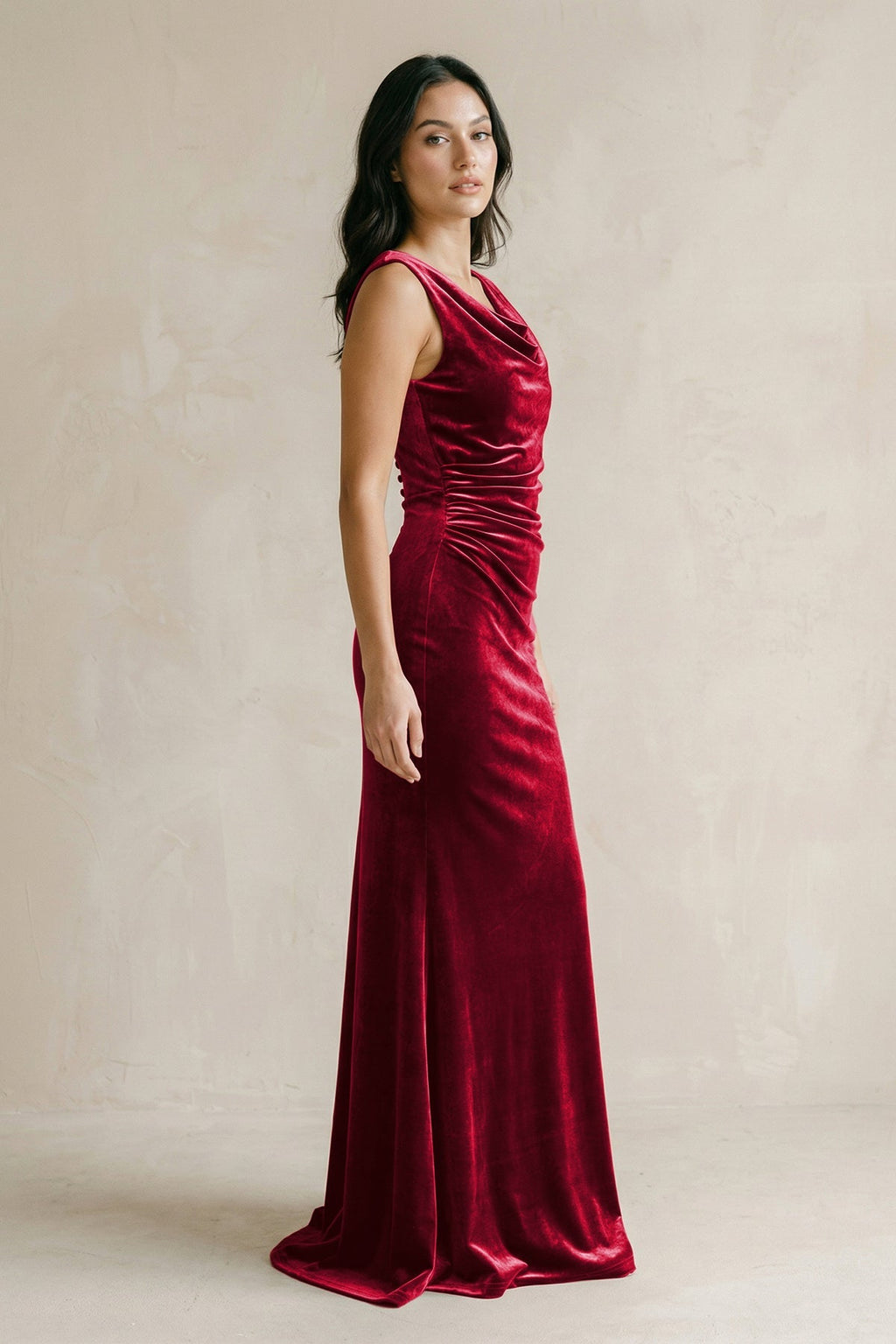 Cowl Neck Mermaid Velvet Bridesmaid Dress in Rosewood - SHE IS ME Bridesmaid Dresses