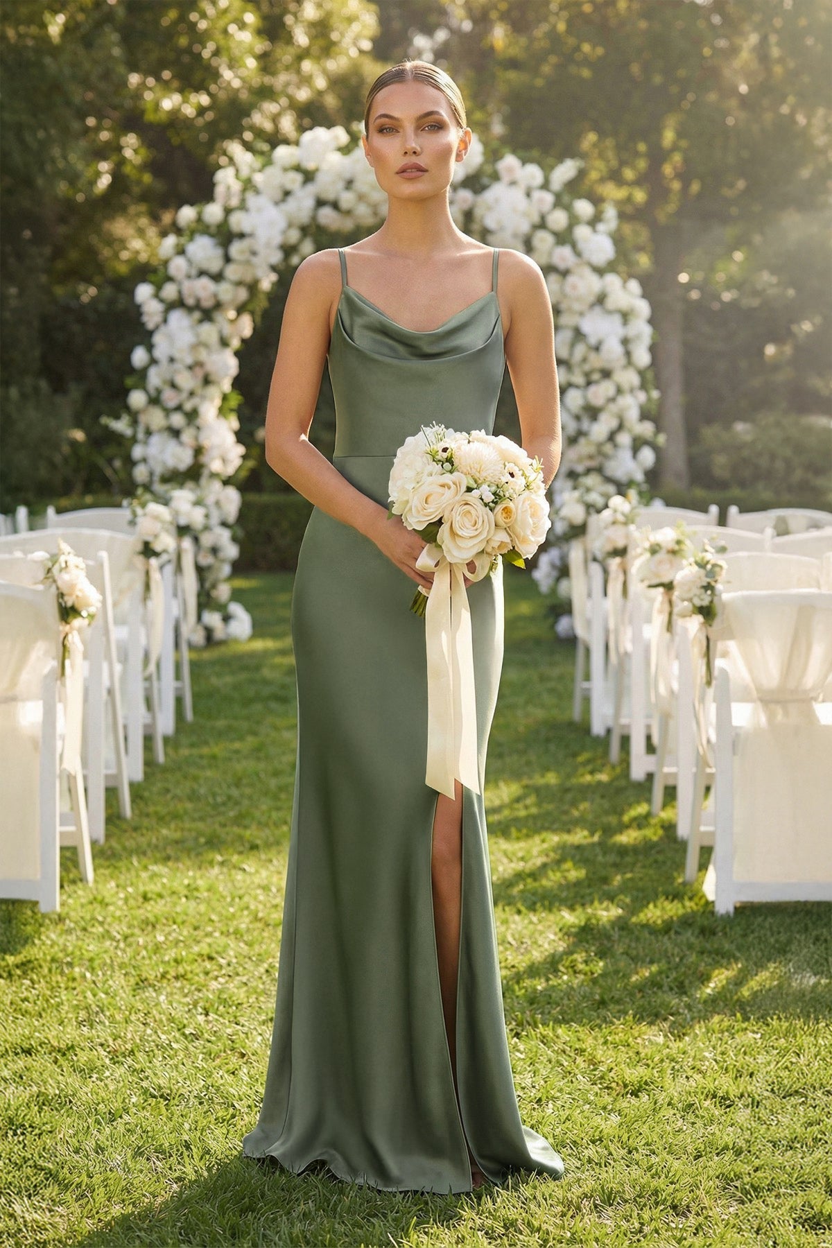 Cowl Neck Satin Sheath Bridesmaid Dress With Slit in Thyme - SHE IS ME Bridesmaid Dresses