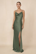 Cowl Neck Satin Sheath Bridesmaid Dress With Slit in Thyme - SHE IS ME Bridesmaid Dresses