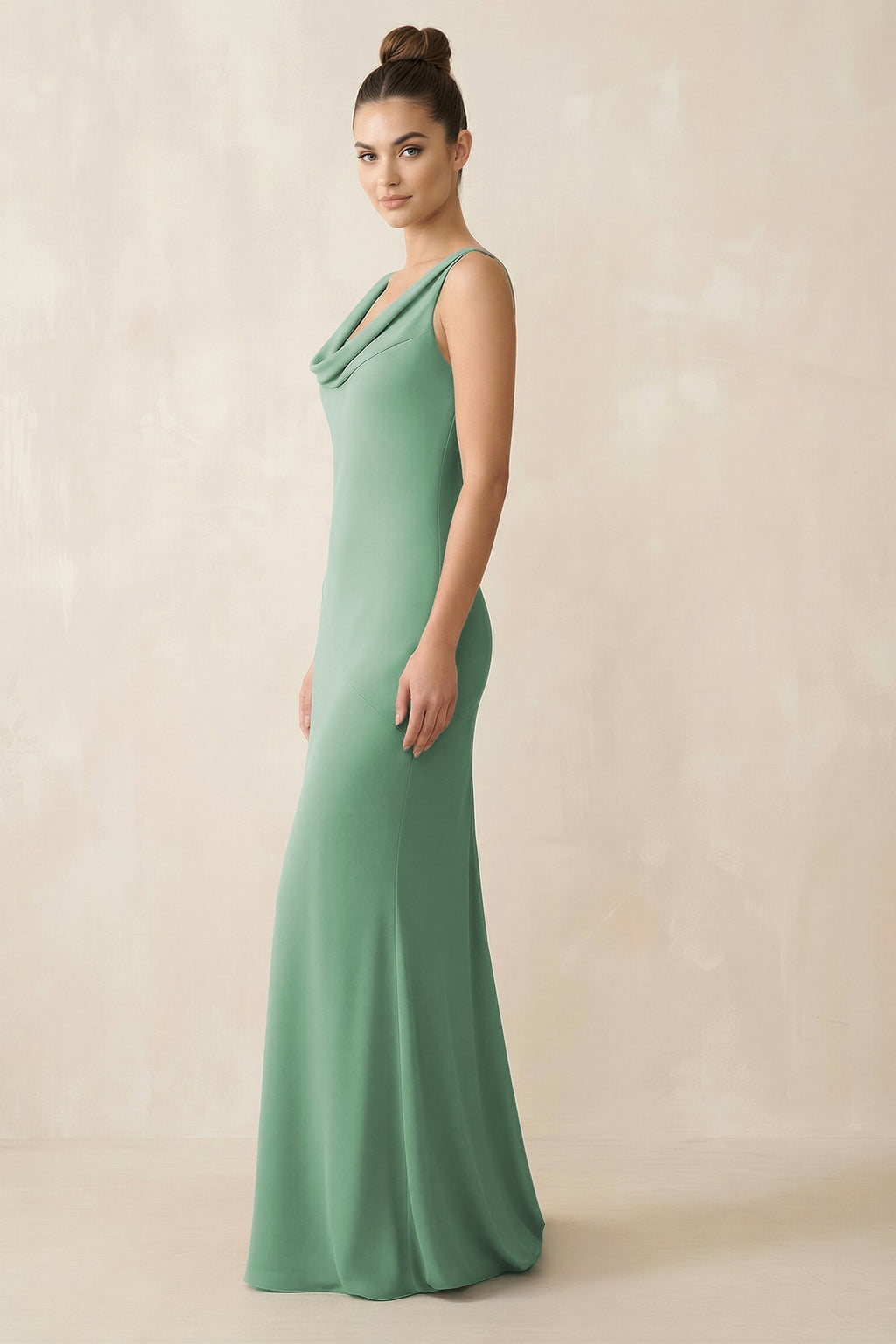 Cowl Neck Sheath Chiffon Bridesmaid Dress in Sea Glass - SHE IS ME Bridesmaid Dresses
