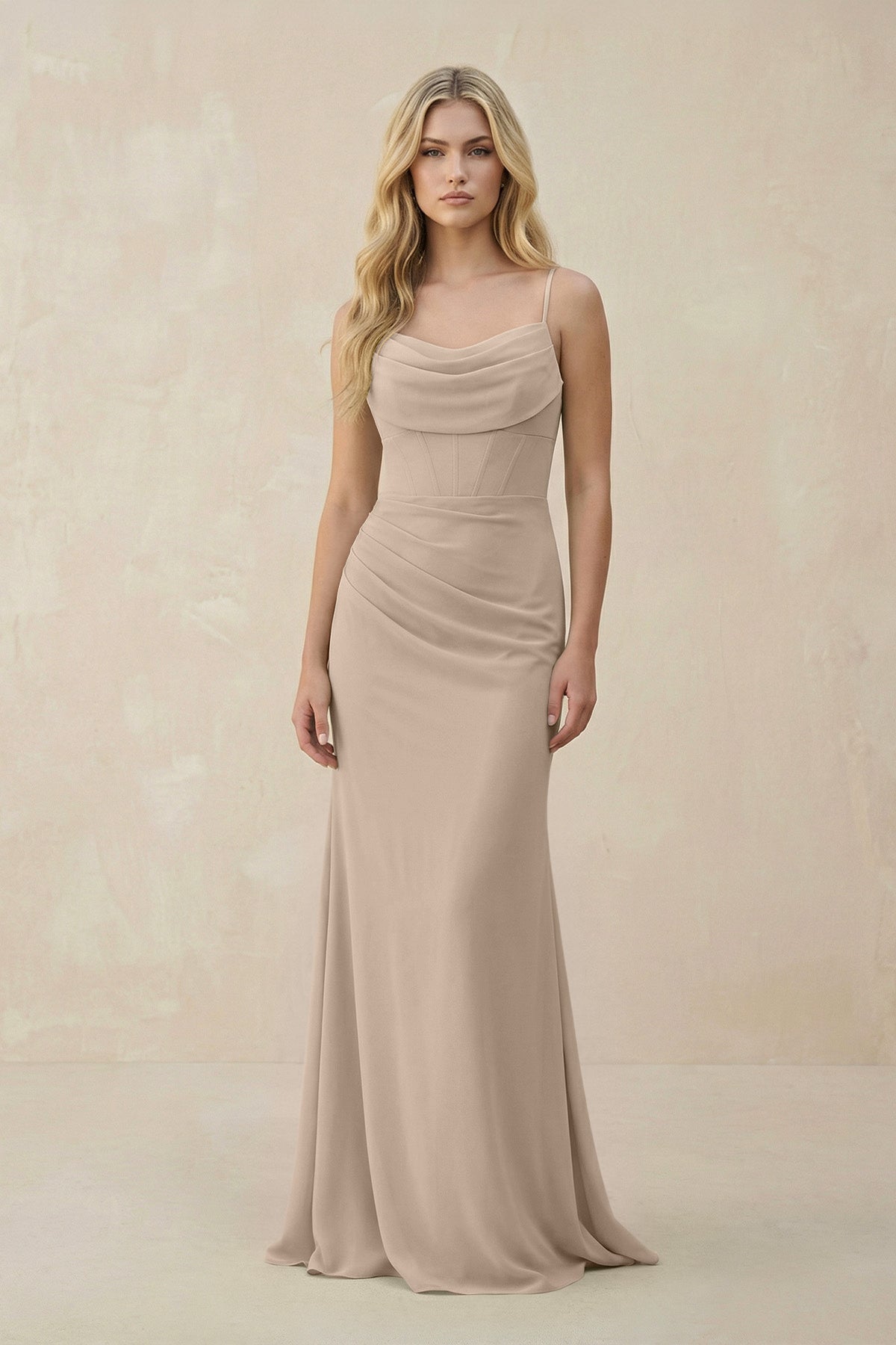 Cowl Neck Sheath Chiffon Bridesmaid Dress with Corset in Almond - SHE IS ME Bridesmaid Dresses