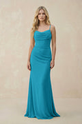 Cowl Neck Sheath Chiffon Bridesmaid Dress with Corset in Blue Jay - SHE IS ME Bridesmaid Dresses