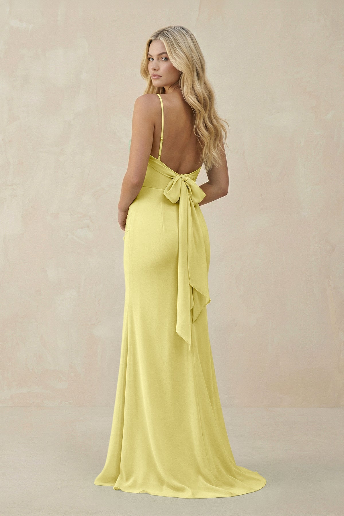 Cowl Neck Sheath Chiffon Bridesmaid Dress with Corset in Buttercup - SHE IS ME Bridesmaid Dresses
