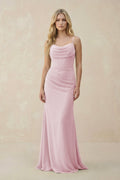 Cowl Neck Sheath Chiffon Bridesmaid Dress with Corset in Candy Pink - SHE IS ME Bridesmaid Dresses