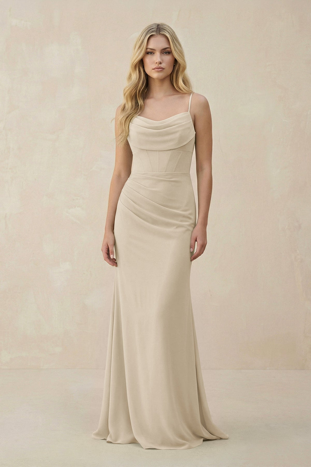 Cowl Neck Sheath Chiffon Bridesmaid Dress with Corset in Champagne - SHE IS ME Bridesmaid Dresses