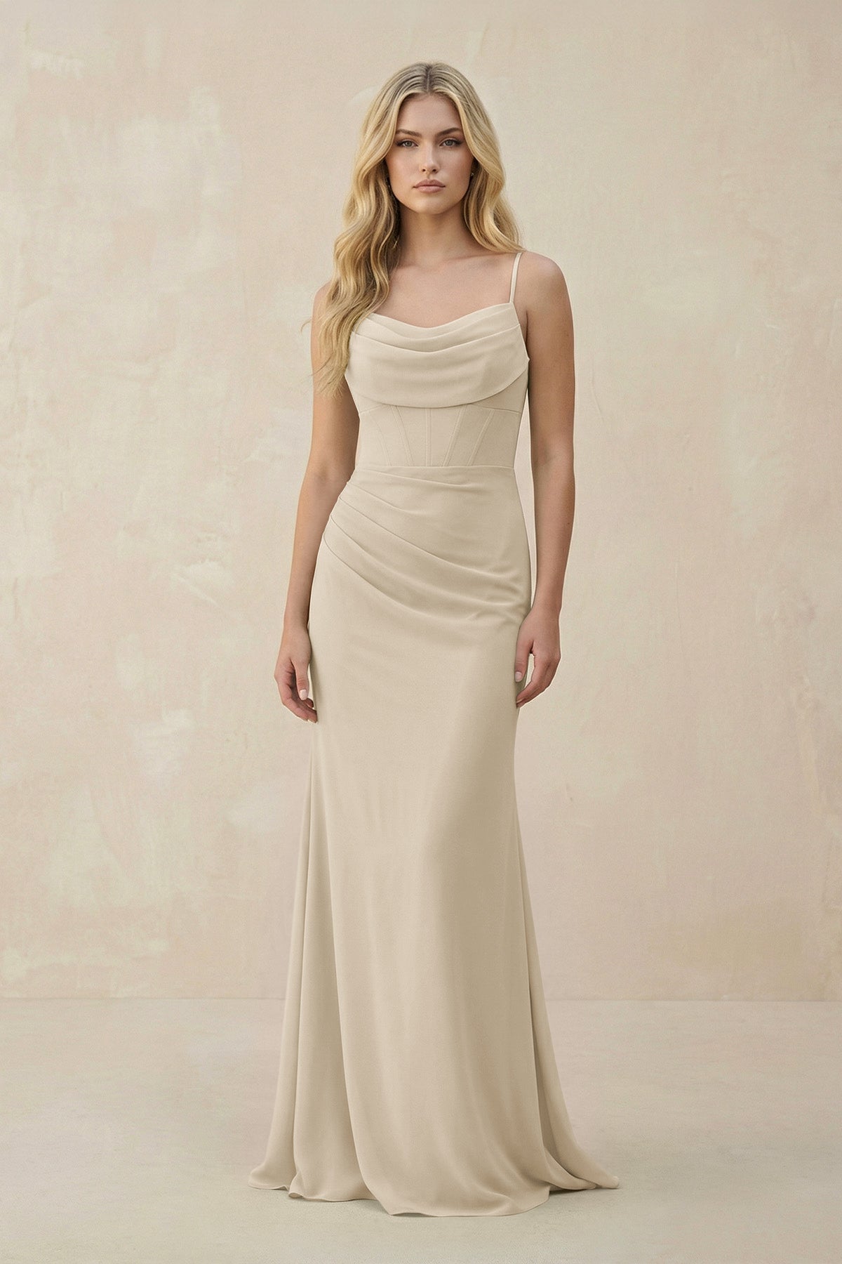 Cowl Neck Sheath Chiffon Bridesmaid Dress with Corset in Champagne - SHE IS ME Bridesmaid Dresses