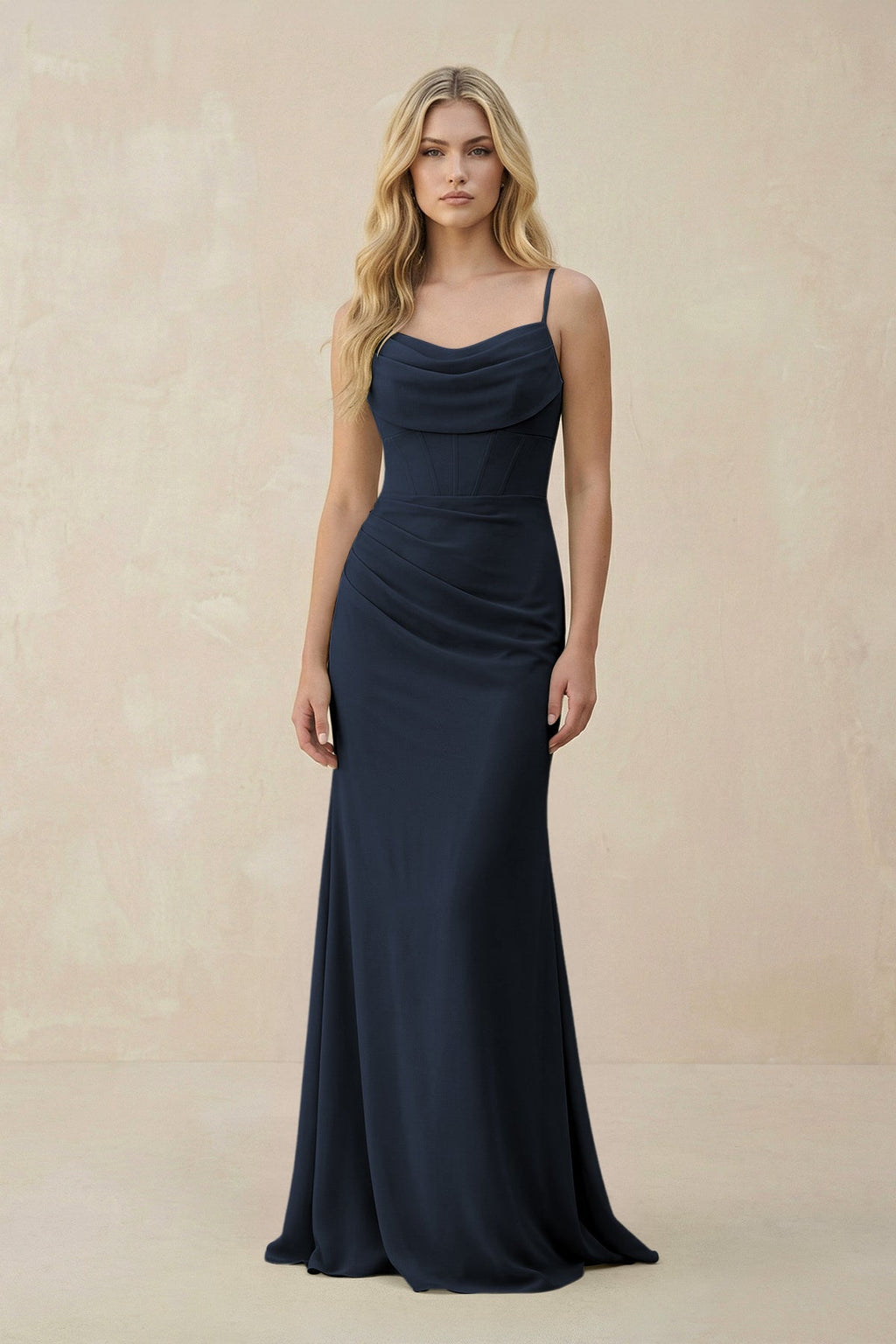 Cowl Neck Sheath Chiffon Bridesmaid Dress with Corset in Dark Navy - SHE IS ME Bridesmaid Dresses