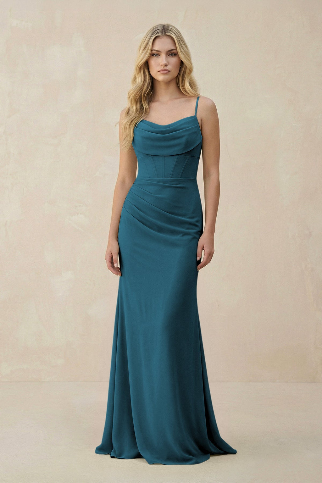 Cowl Neck Sheath Chiffon Bridesmaid Dress with Corset in Dark Teal - SHE IS ME Bridesmaid Dresses